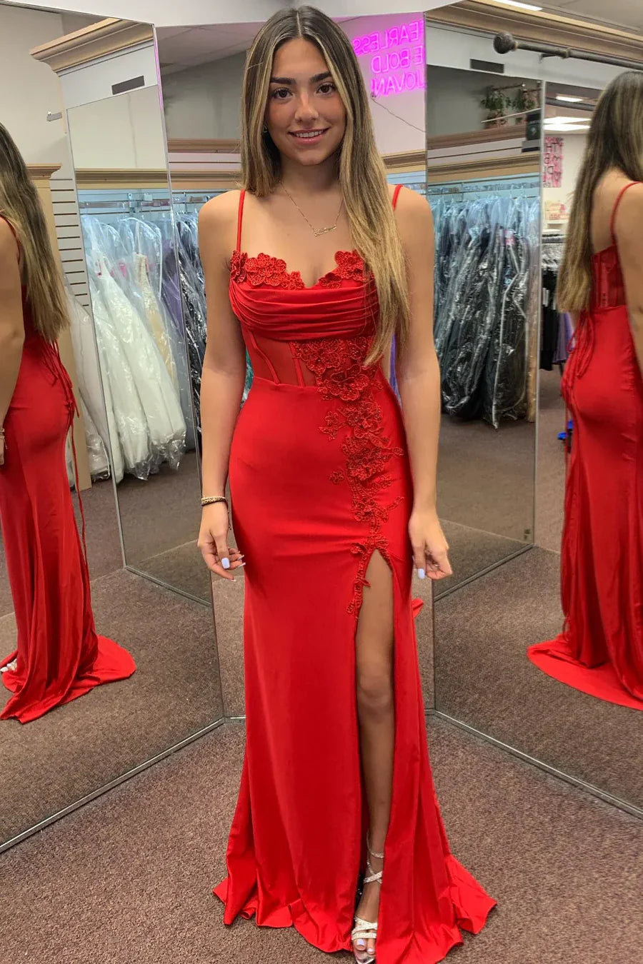 Red Satin Spaghetti Strap Mermaid Prom Dress with High Slit