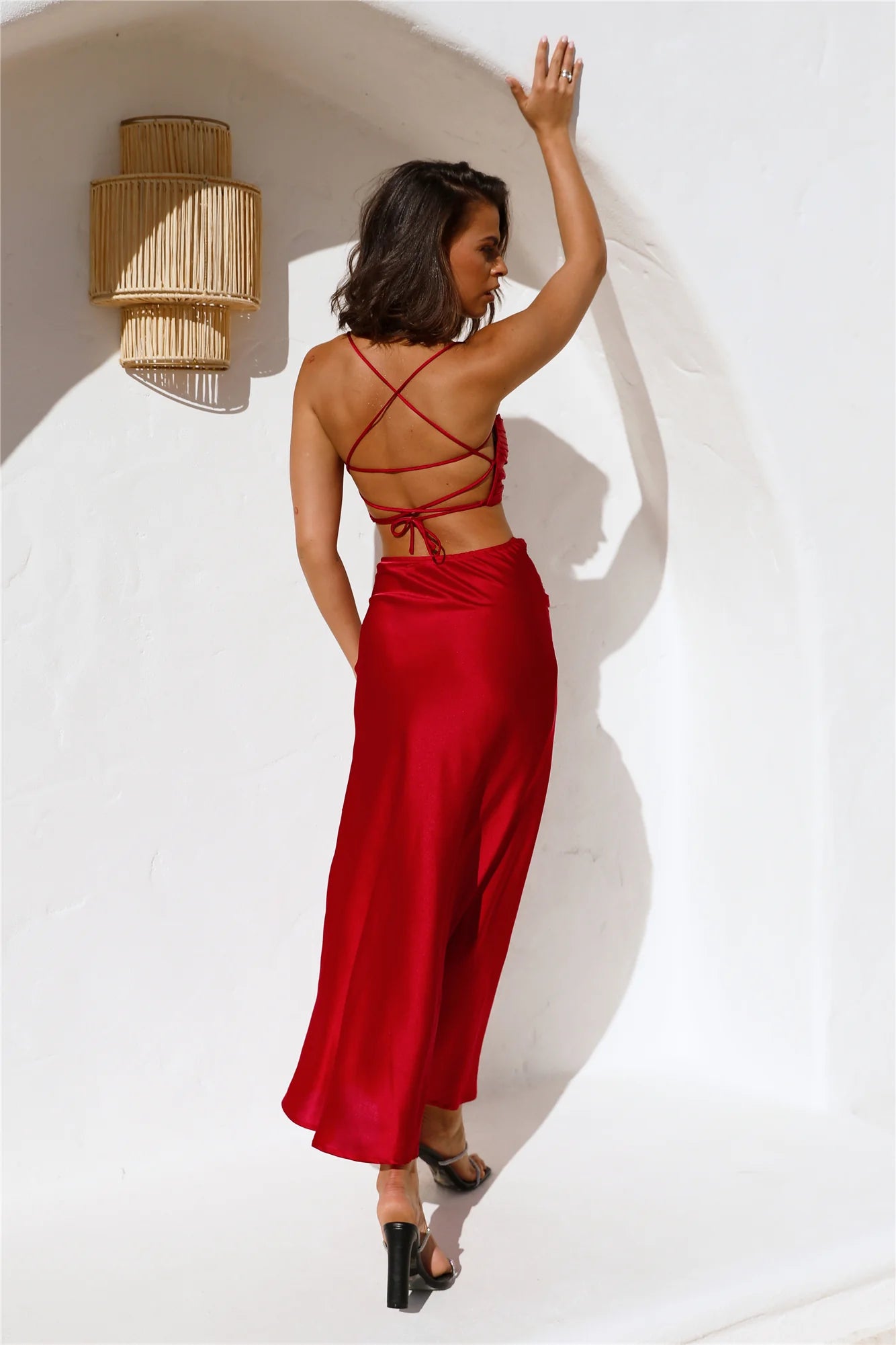 Red Satin Twist Front Crisscross Back Two-Piece Midi Dresses