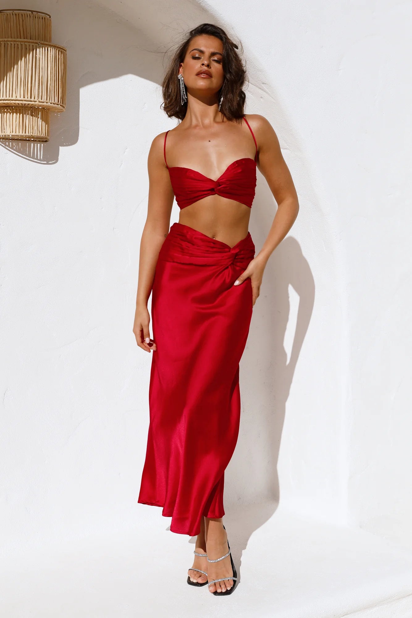 Red Satin Twist Front Crisscross Back Two-Piece Midi Dresses