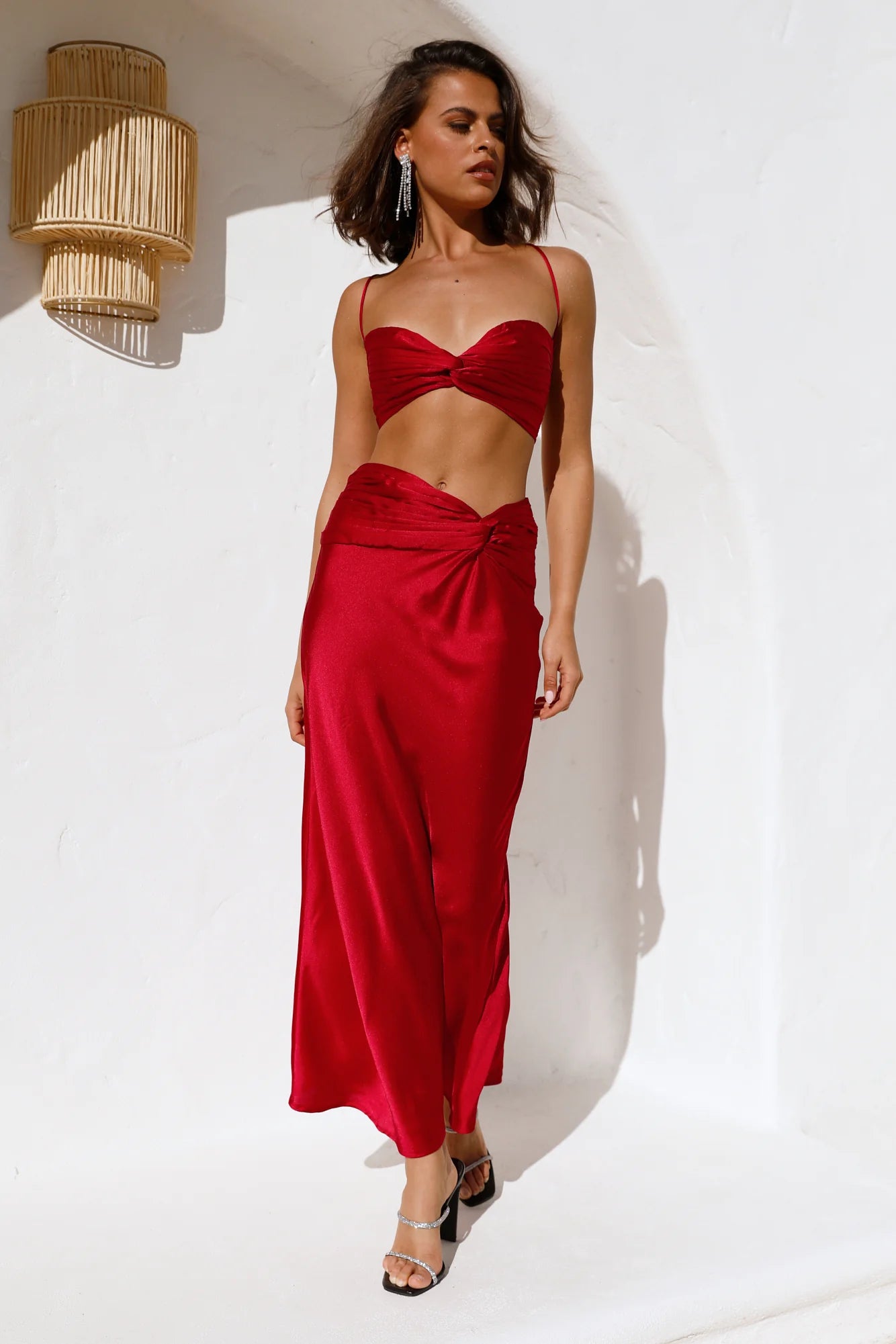 Red Satin Twist Front Crisscross Back Two-Piece Midi Dresses