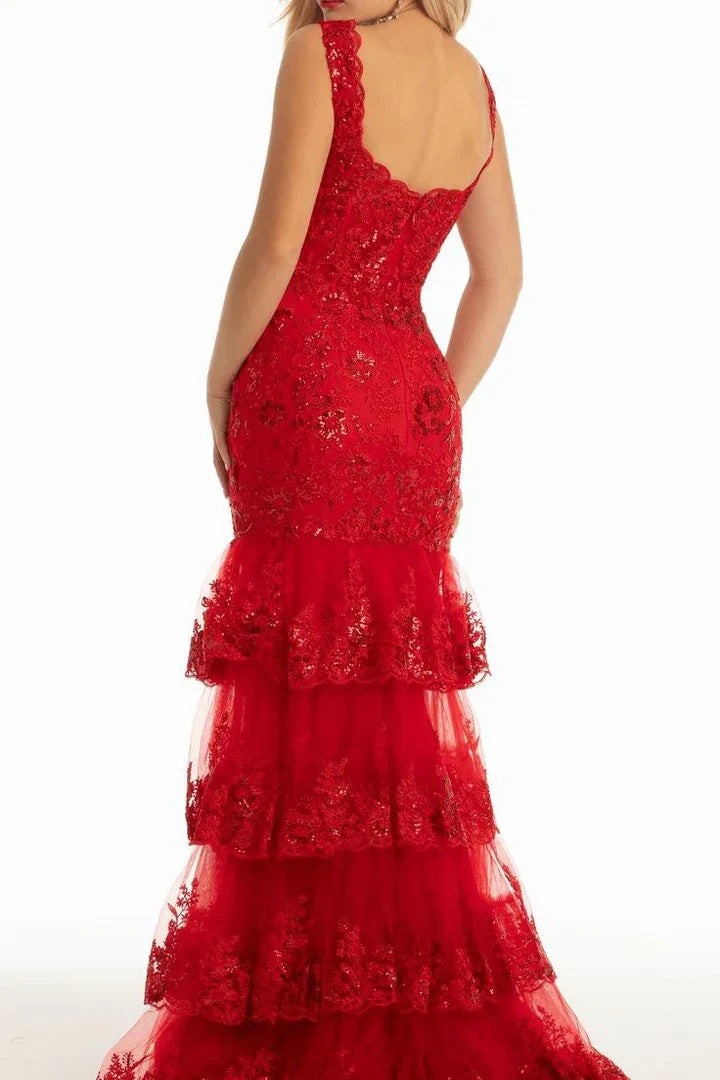 Red Sequin Lace Mermaid Maxi Dress with Tiered Tulle Skirt & High Slit