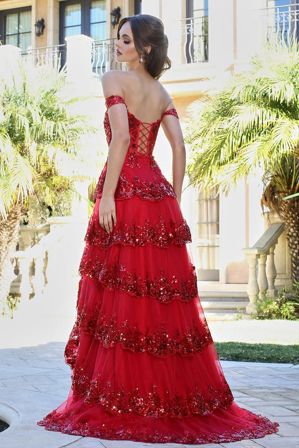 Red Sequin Lace Off-Shoulder Tiered Slit Maxi Evening Dresses
