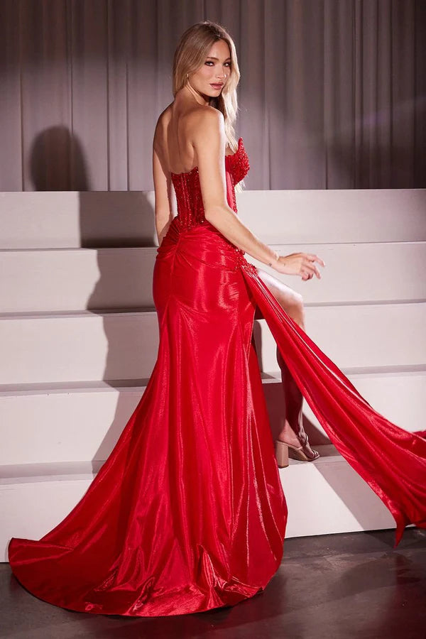 Red Sequin Lace Strapless Satin Mermaid Slit Train Maxi Evening Dresses