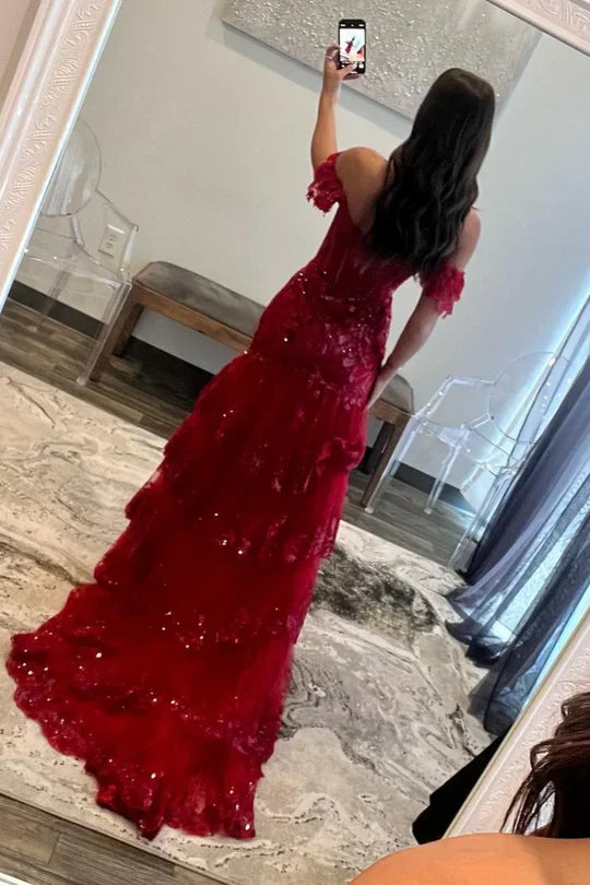 Red Sequin Off-Shoulder Tiered Ruffle Prom Dress with High Slit