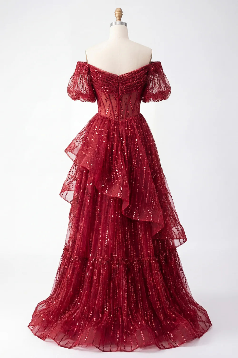 Red Sequin Off-the-Shoulder Puff Sleeve Tiered Evening Dresses