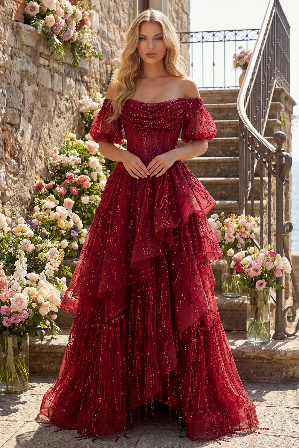 Red Sequin Off-the-Shoulder Puff Sleeve Tiered Evening Dresses