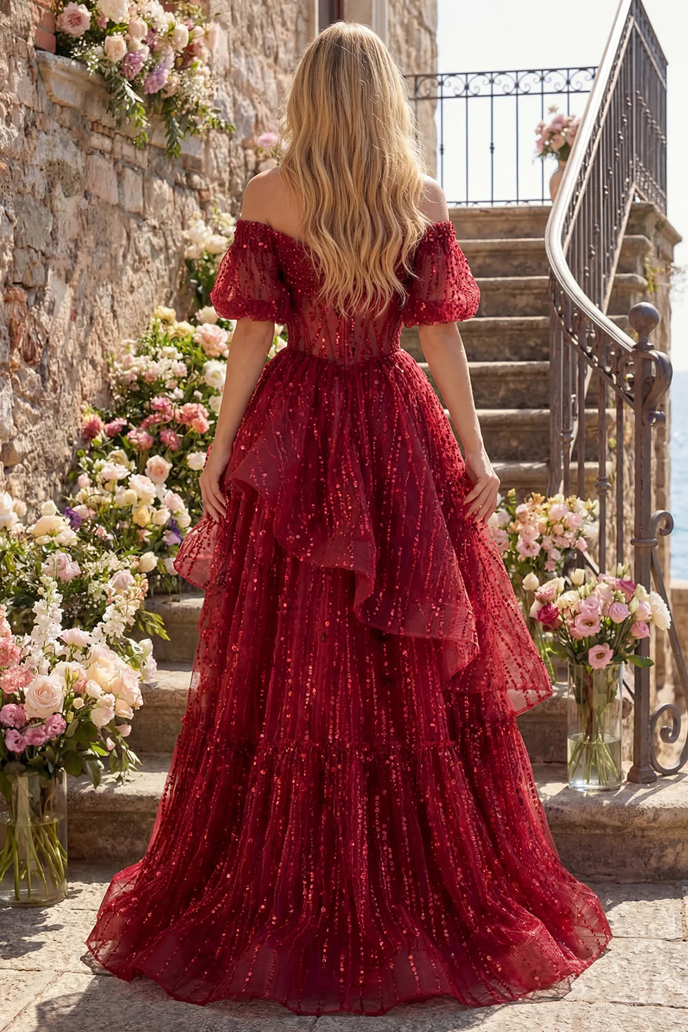 Red Sequin Off-the-Shoulder Puff Sleeve Tiered Evening Dresses