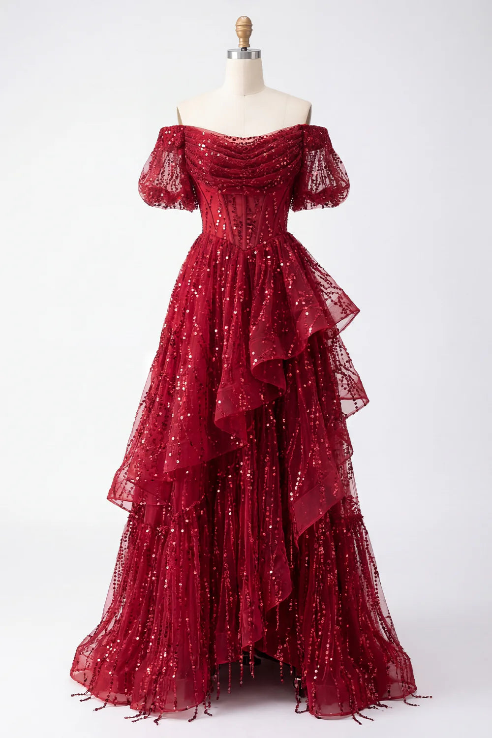 Red Sequin Off-the-Shoulder Puff Sleeve Tiered Evening Dresses
