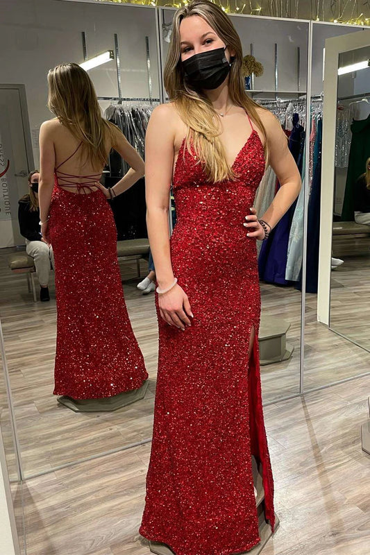 Red Sequin V-Neck Lace-Up Long Prom Dress with Slit