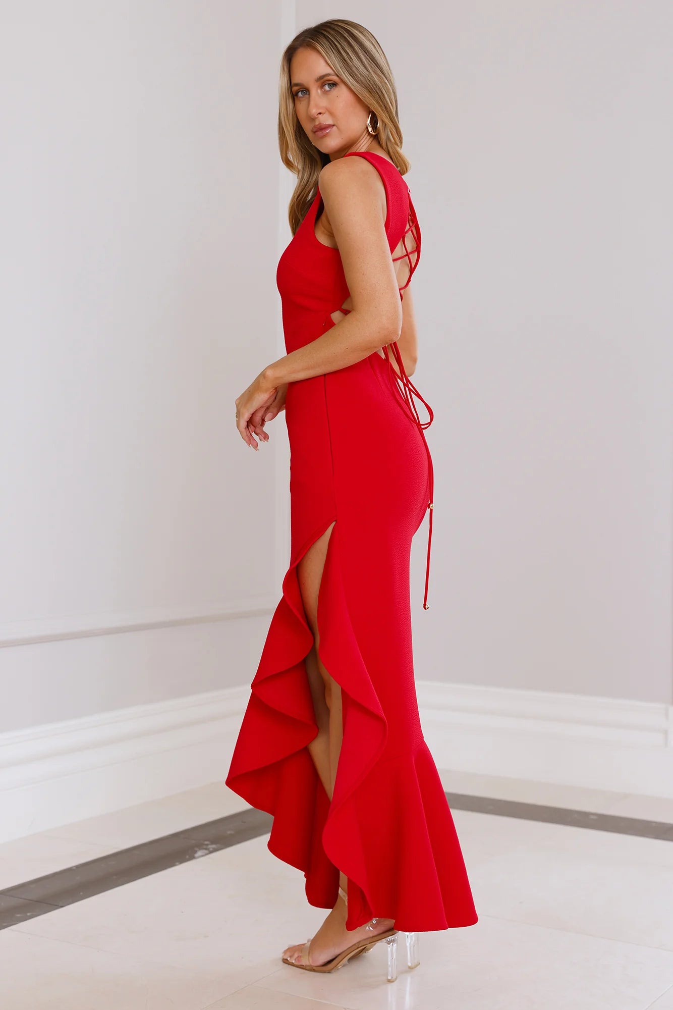 Red Sleeveless Lace-Up Back High-Low Ruffle Hem Midi Evening Dresses
