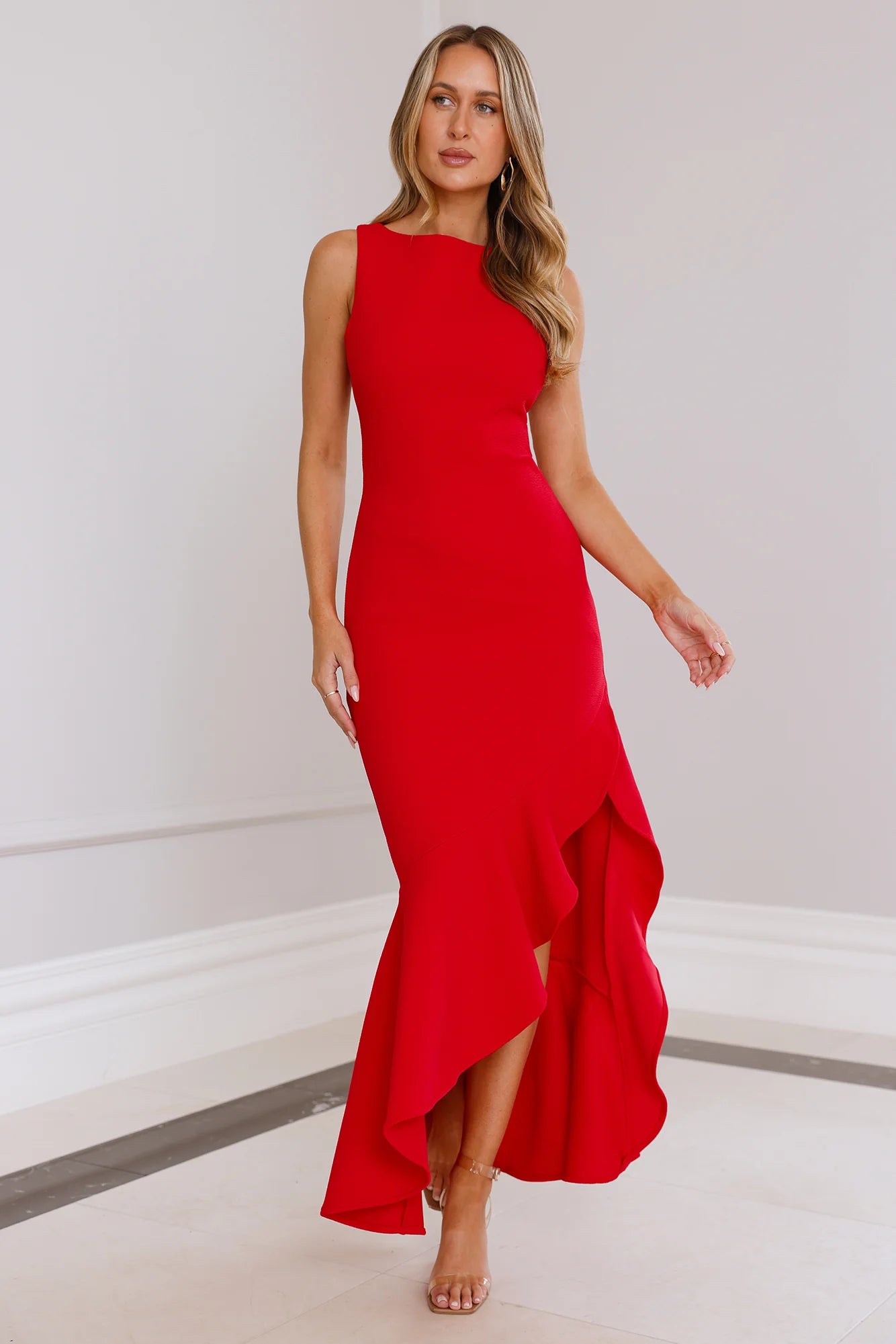 Red Sleeveless Lace-Up Back High-Low Ruffle Hem Midi Evening Dresses