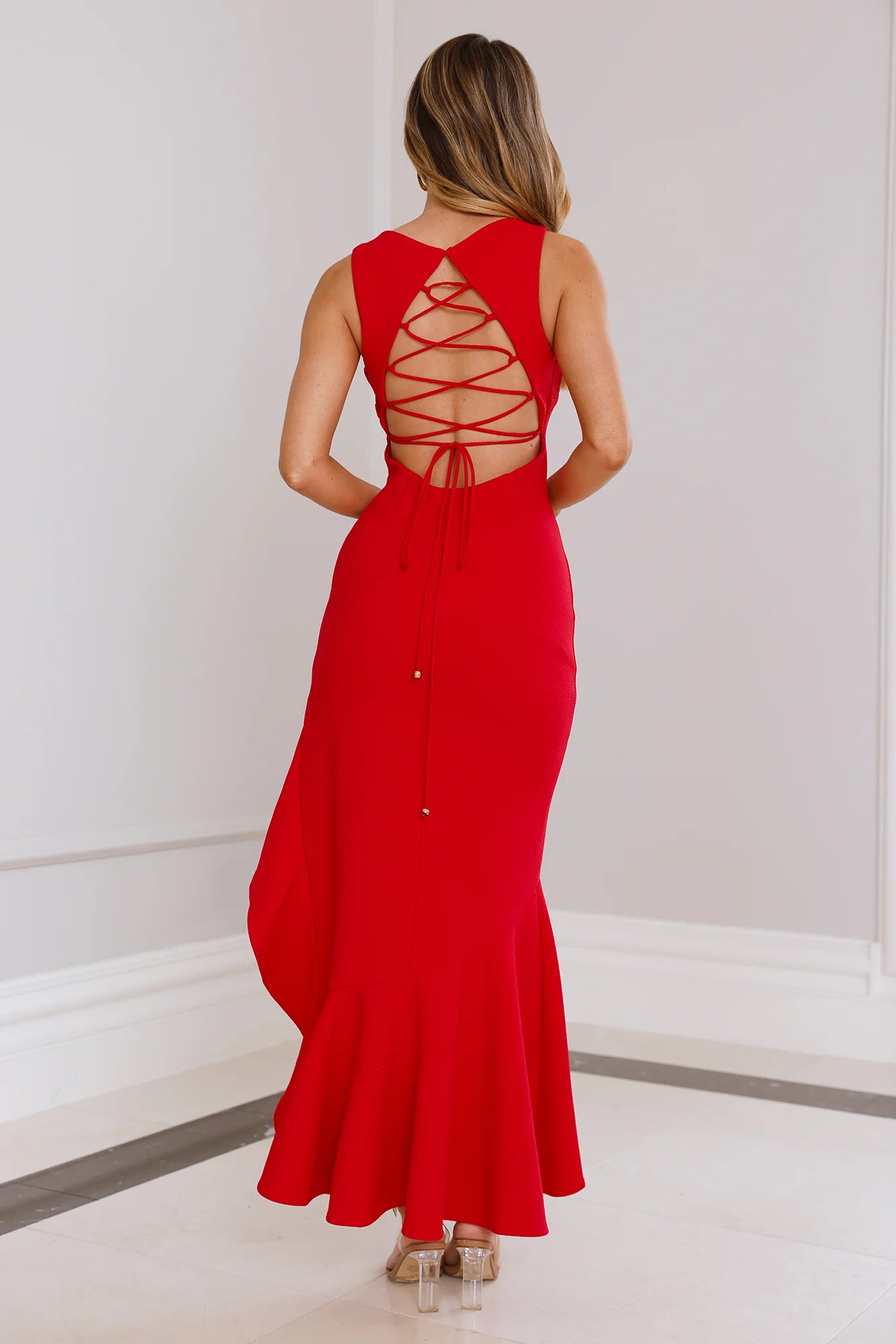 Red Sleeveless Lace-Up Back High-Low Ruffle Hem Midi Evening Dresses