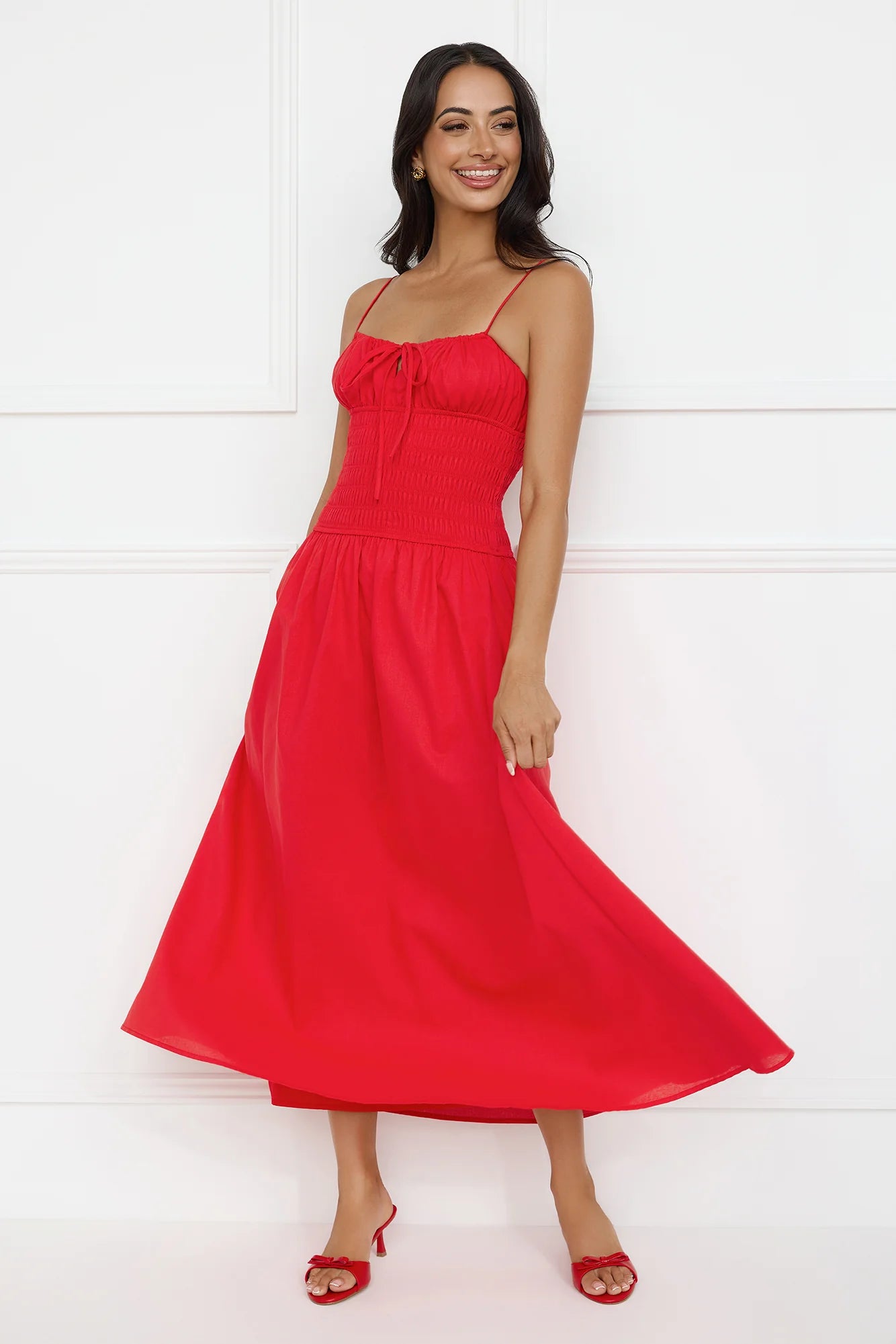 Red Smocked Tie Front Spaghetti Strap A-Line Midi Evening Dresses