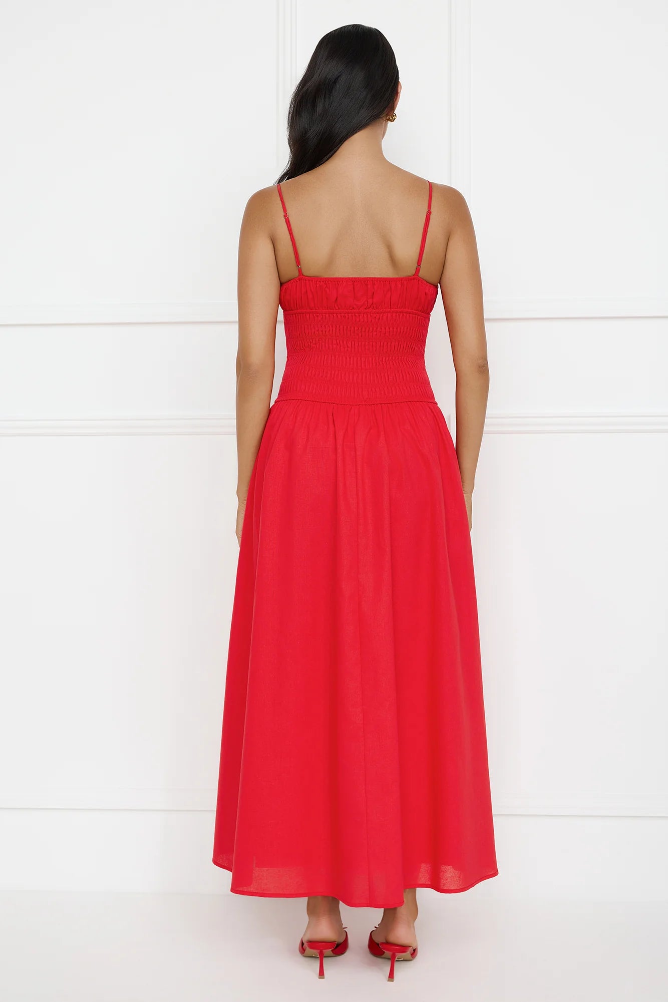 Red Smocked Tie Front Spaghetti Strap A-Line Midi Evening Dresses