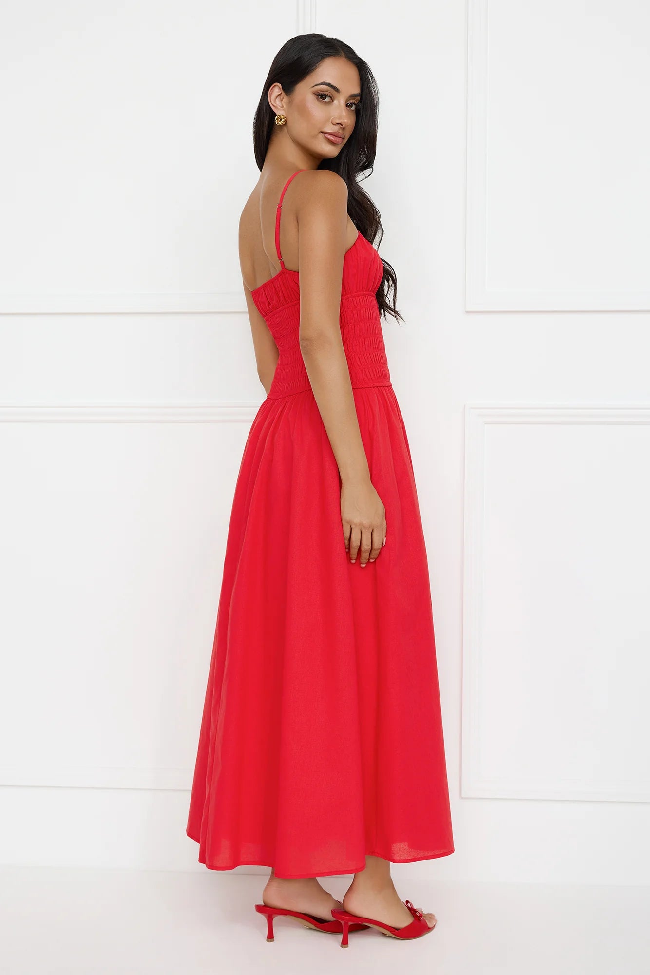 Red Smocked Tie Front Spaghetti Strap A-Line Midi Evening Dresses