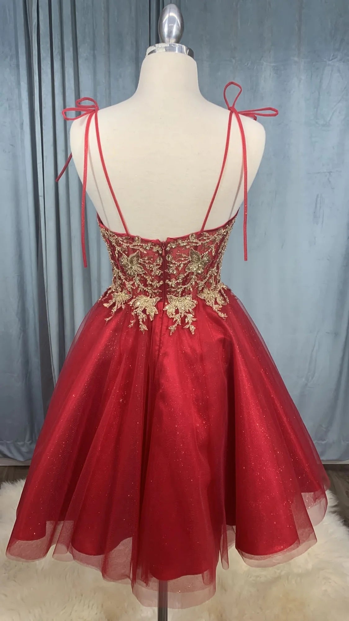 Red Spaghetti Strap Gold Embroidered Glitter Tulle A Line Mini Evening Dresses