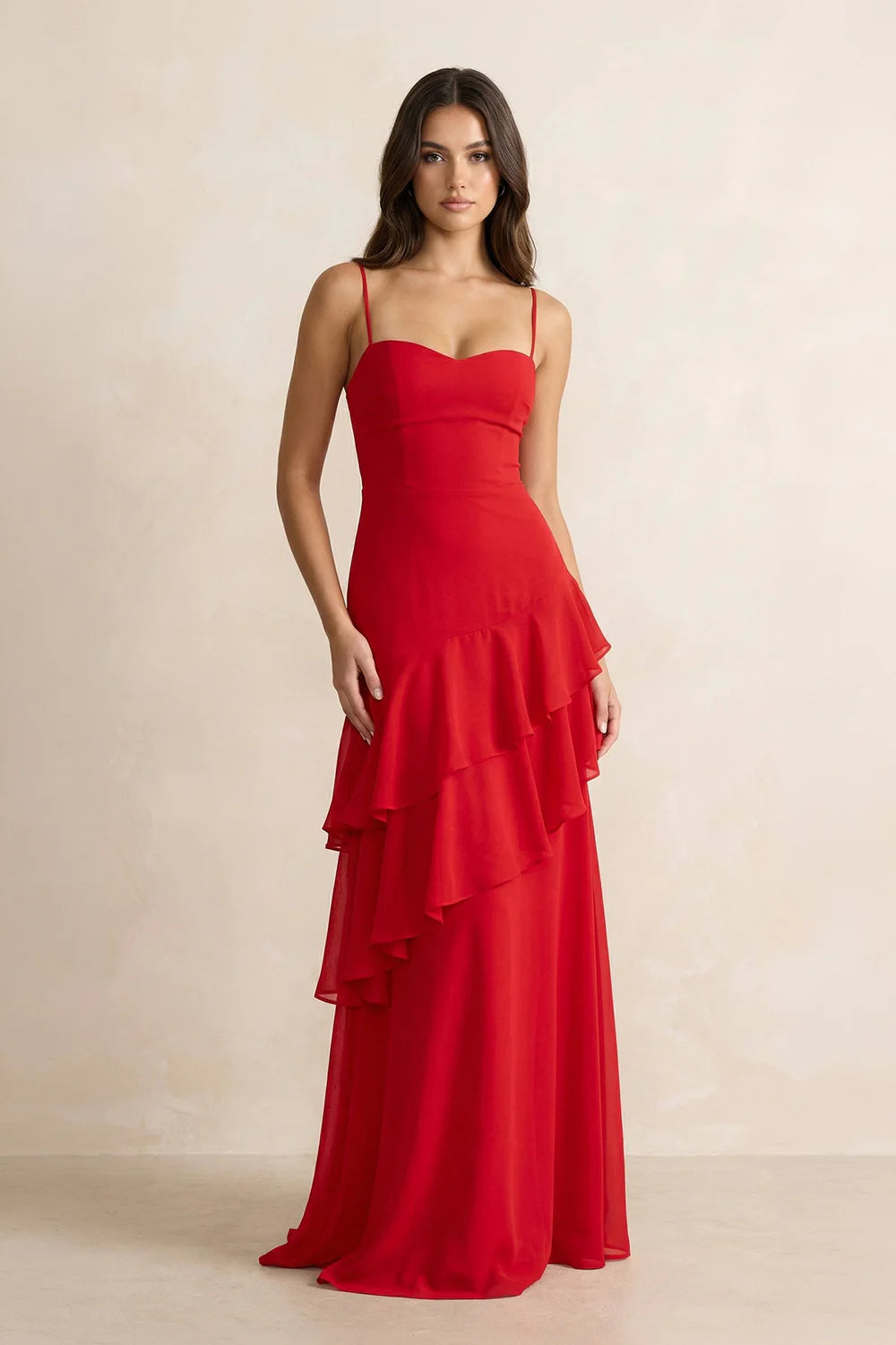 Red Spaghetti Strap Tiered Ruffle Evening Dresses