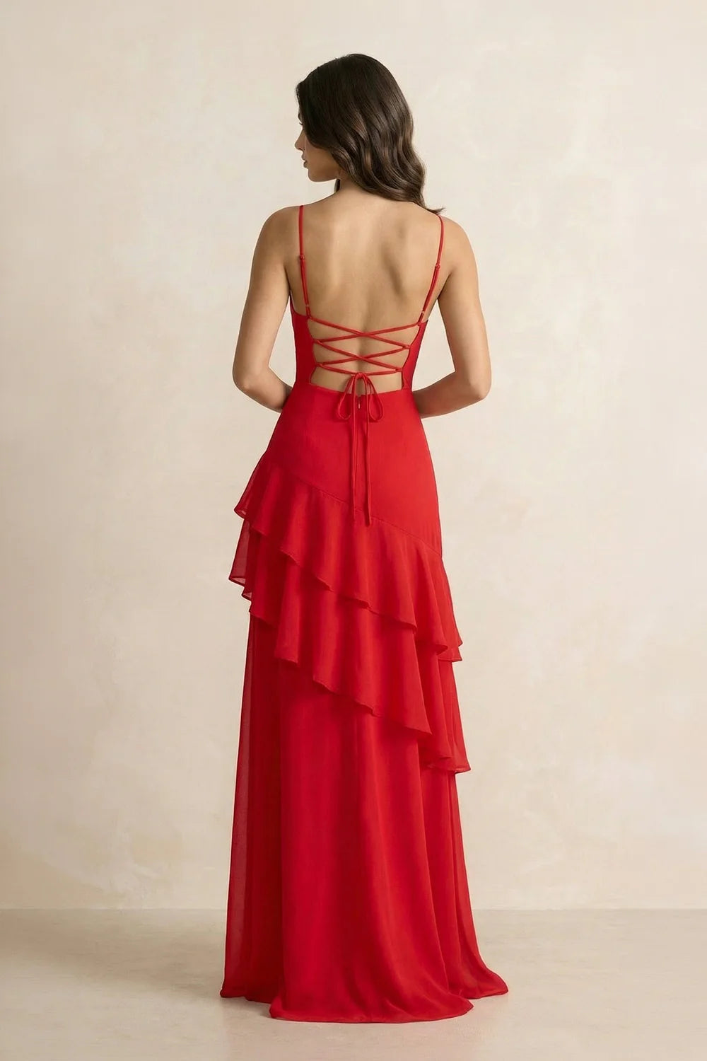 Red Spaghetti Strap Tiered Ruffle Evening Dresses