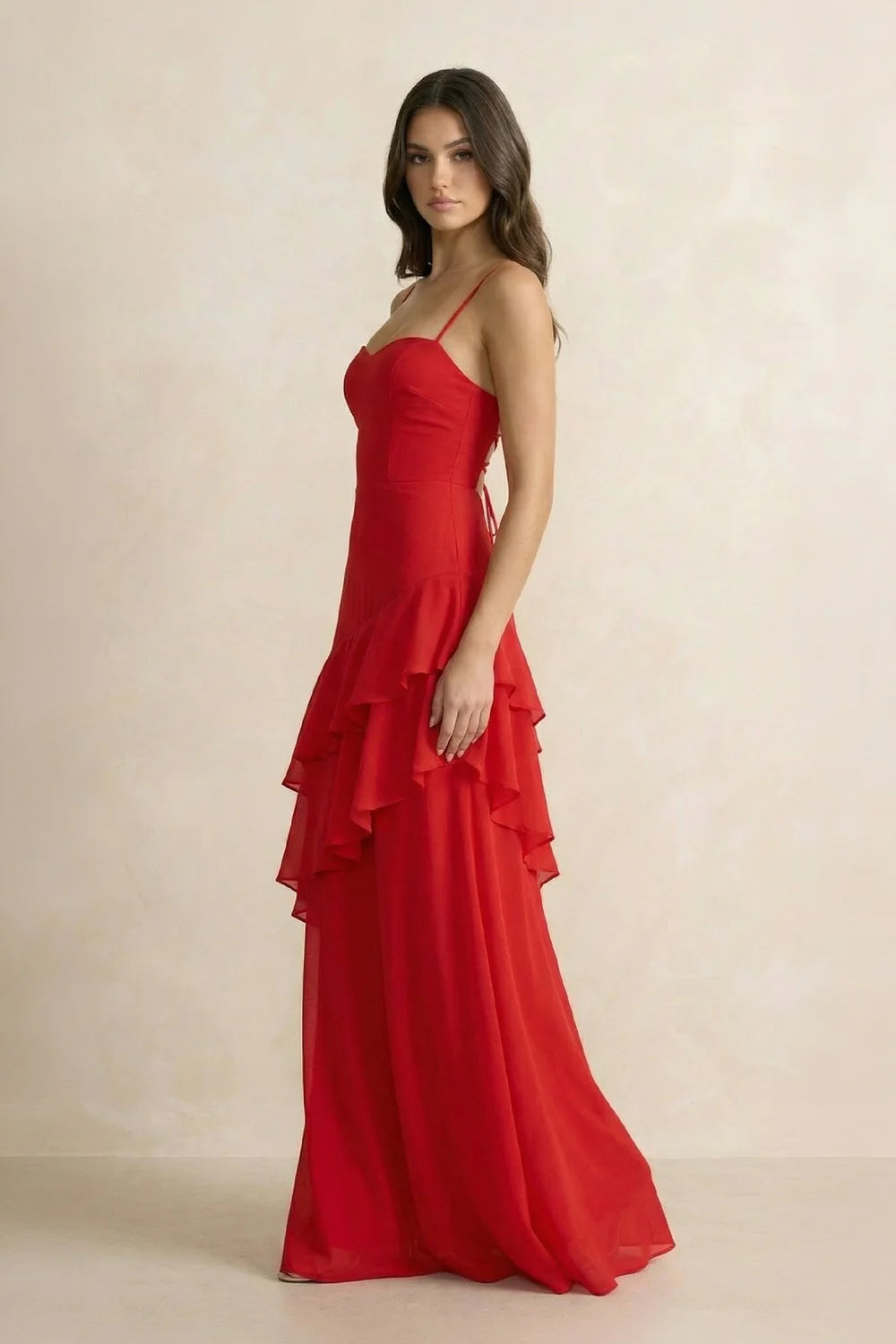 Red Spaghetti Strap Tiered Ruffle Evening Dresses