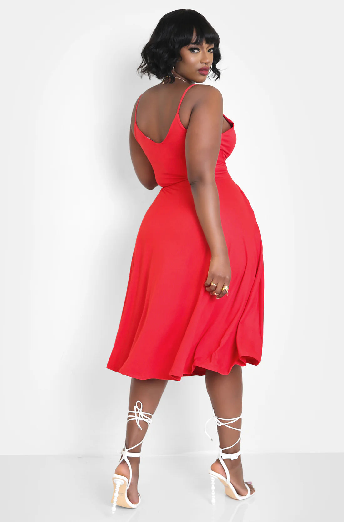 Red Spaghetti Strap V-Neck Pocket Midi Evening Dresses