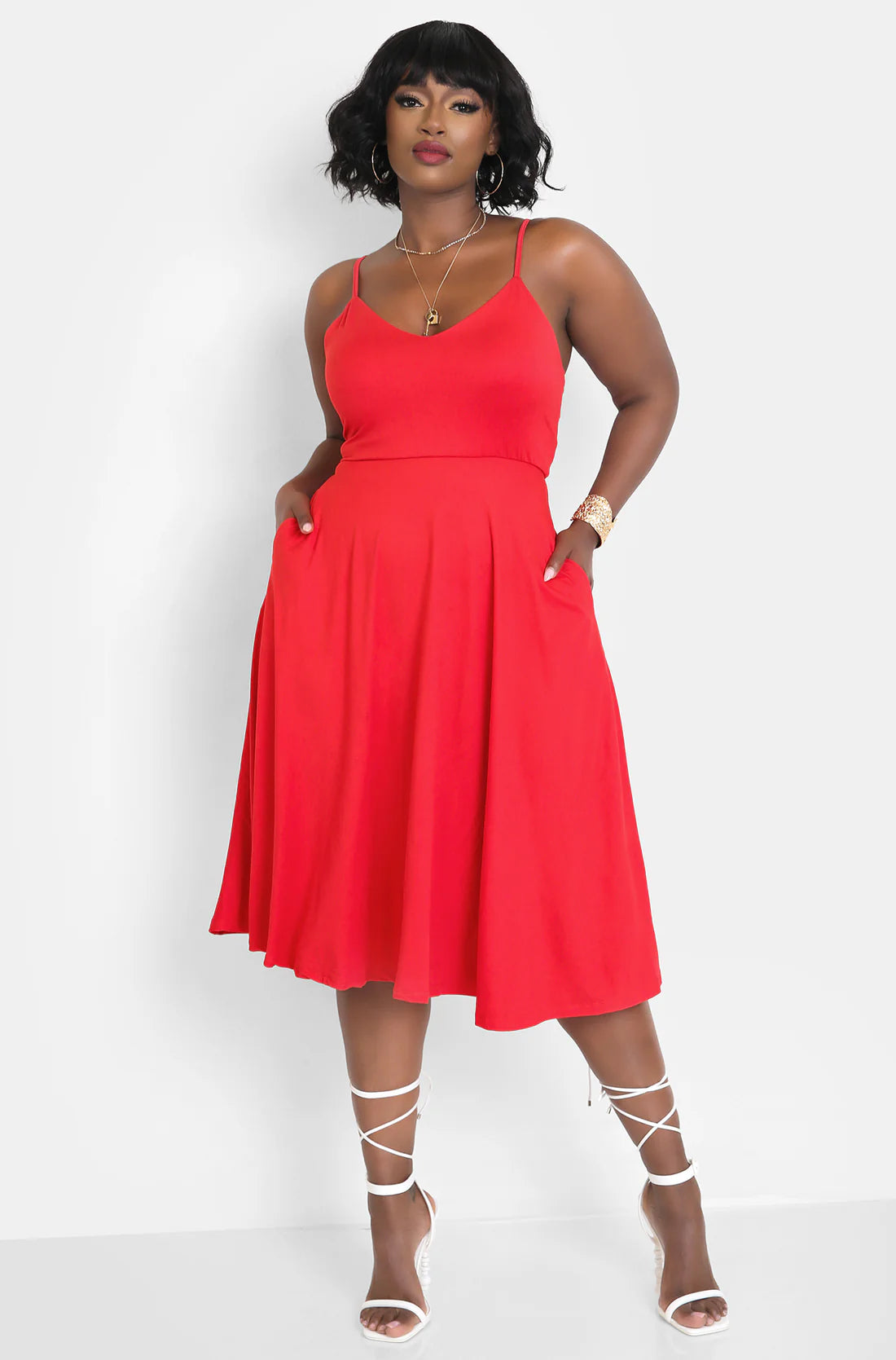 Red Spaghetti Strap V-Neck Pocket Midi Evening Dresses