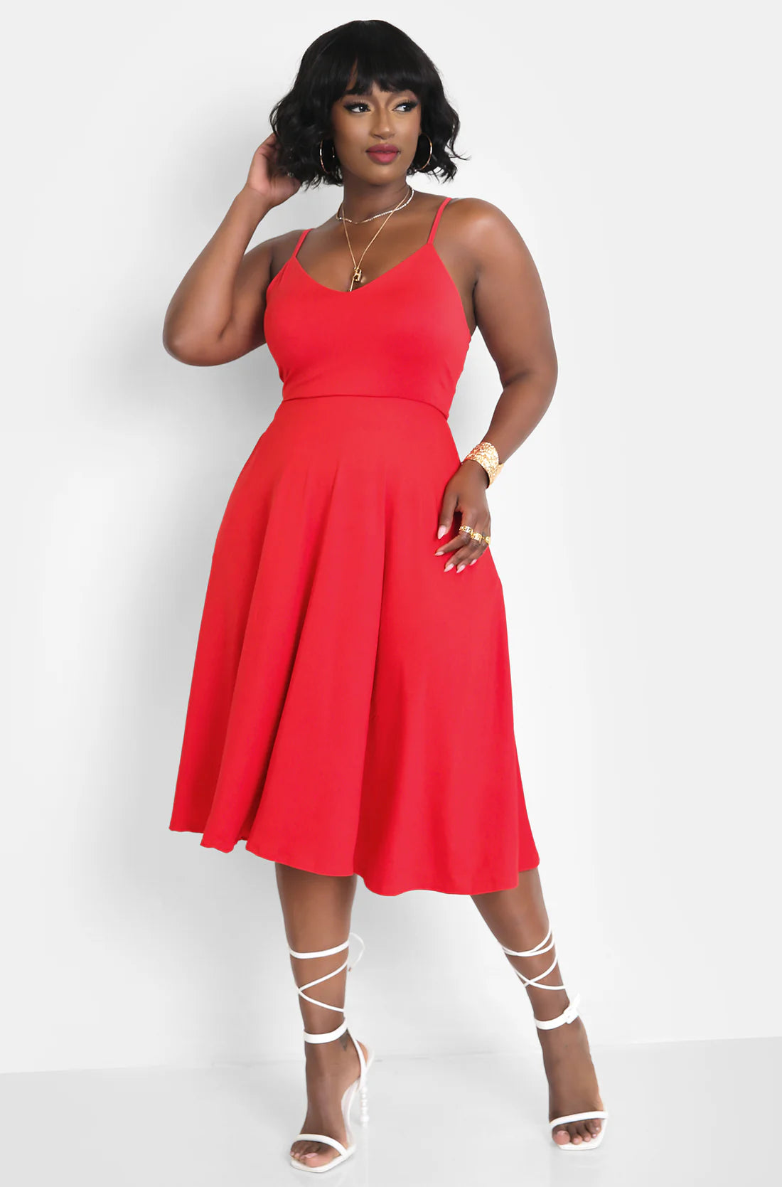 Red Spaghetti Strap V-Neck Pocket Midi Evening Dresses