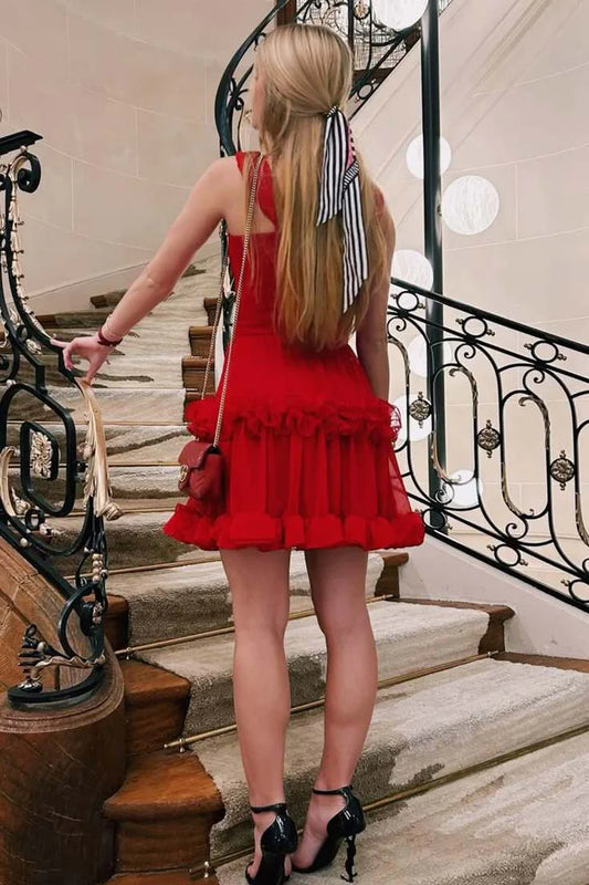 Red Spaghetti Straps Ruffles A-Line Sleeveless Cocktail Homecoming Dress