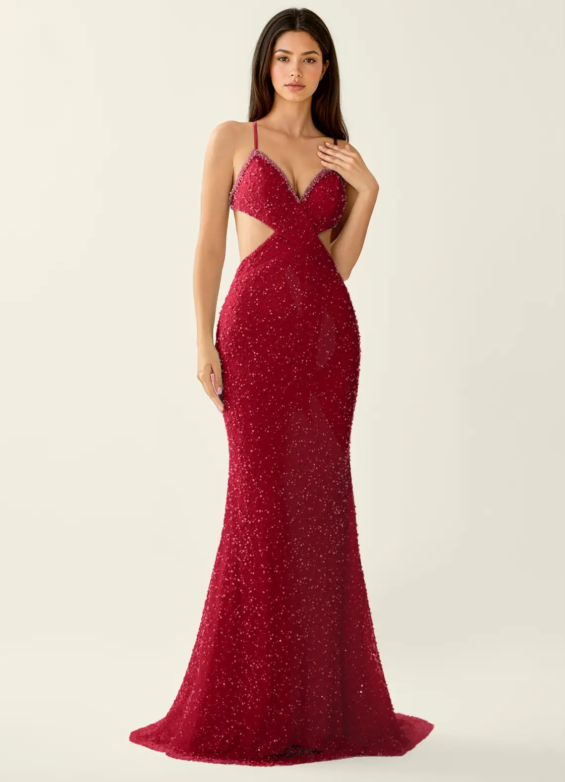 Red Sparkly Cutout Mermaid Evening Dress with Bow Train
