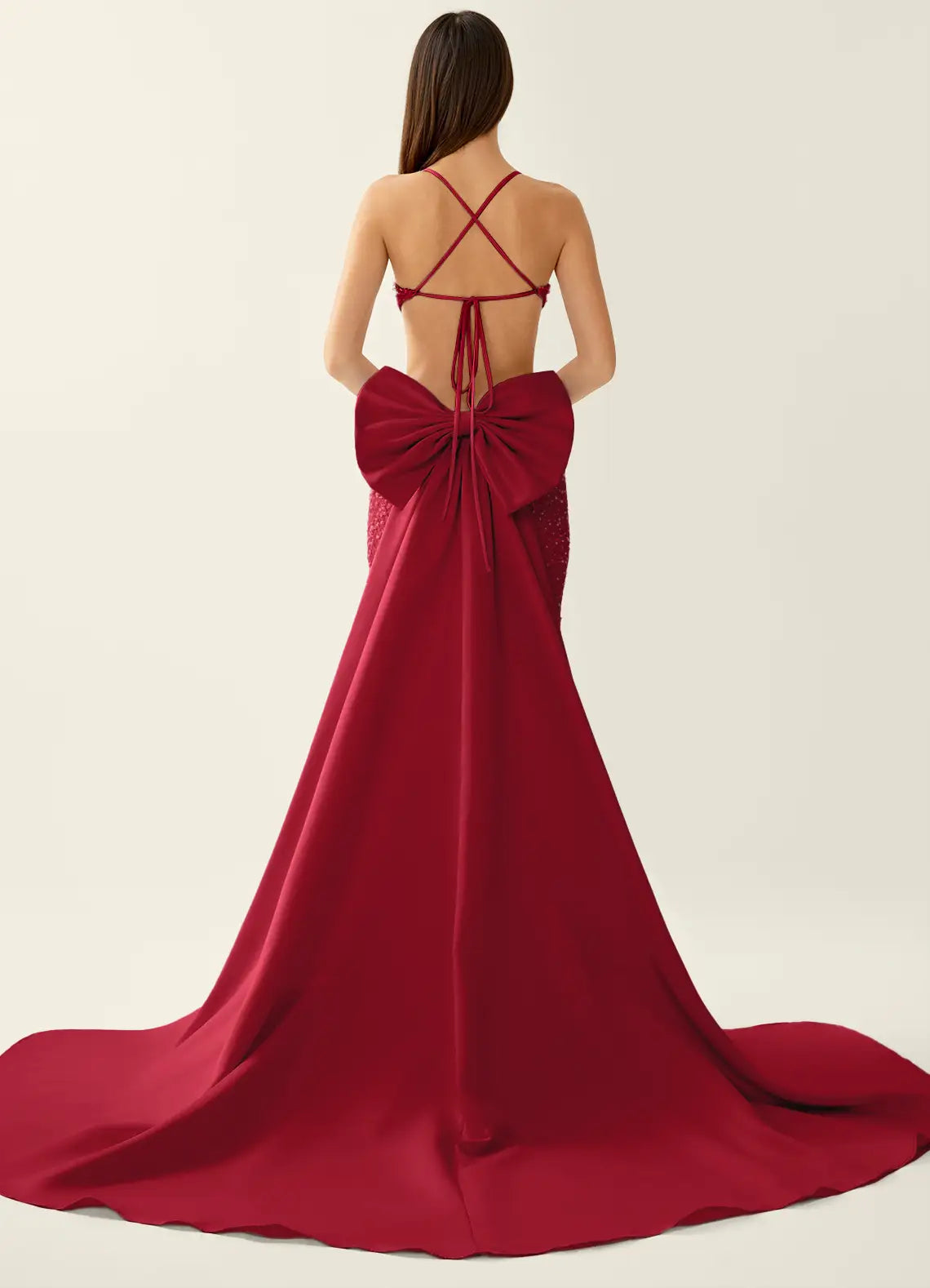 Red Sparkly Cutout Mermaid Evening Dress with Bow Train