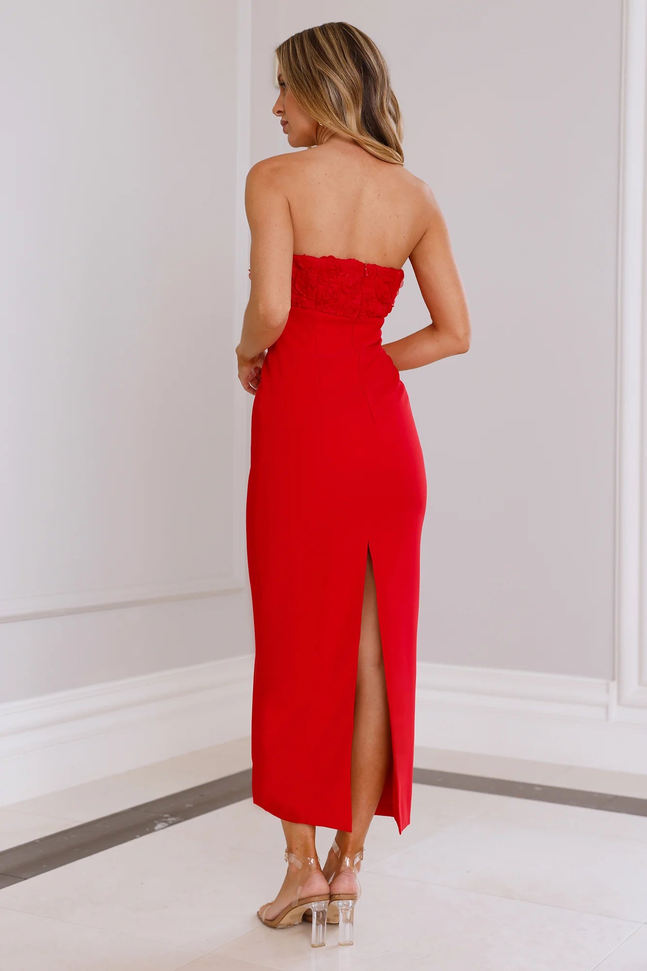 Red Strapless 3D Floral Midi Evening Dresses