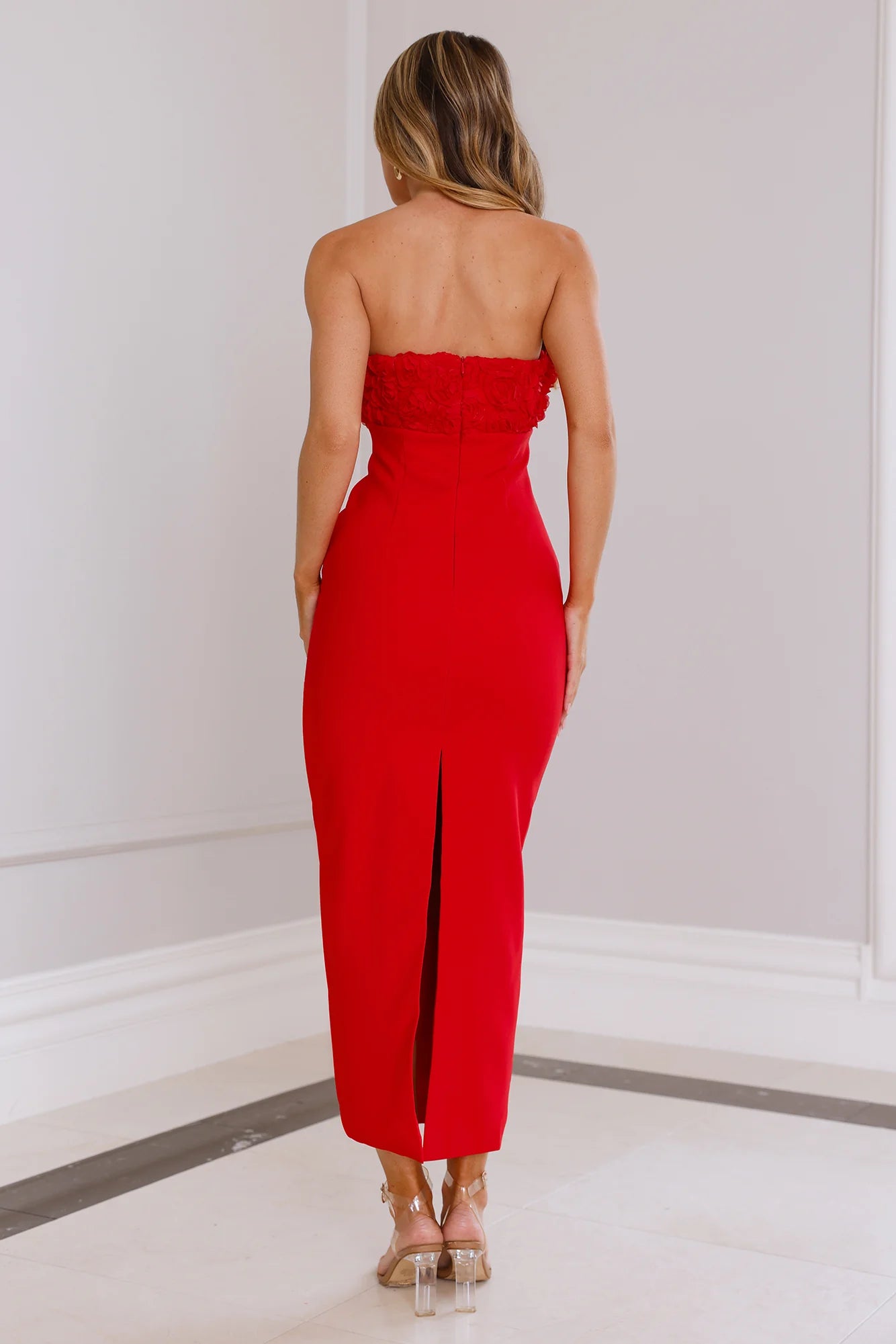 Red Strapless 3D Floral Midi Evening Dresses