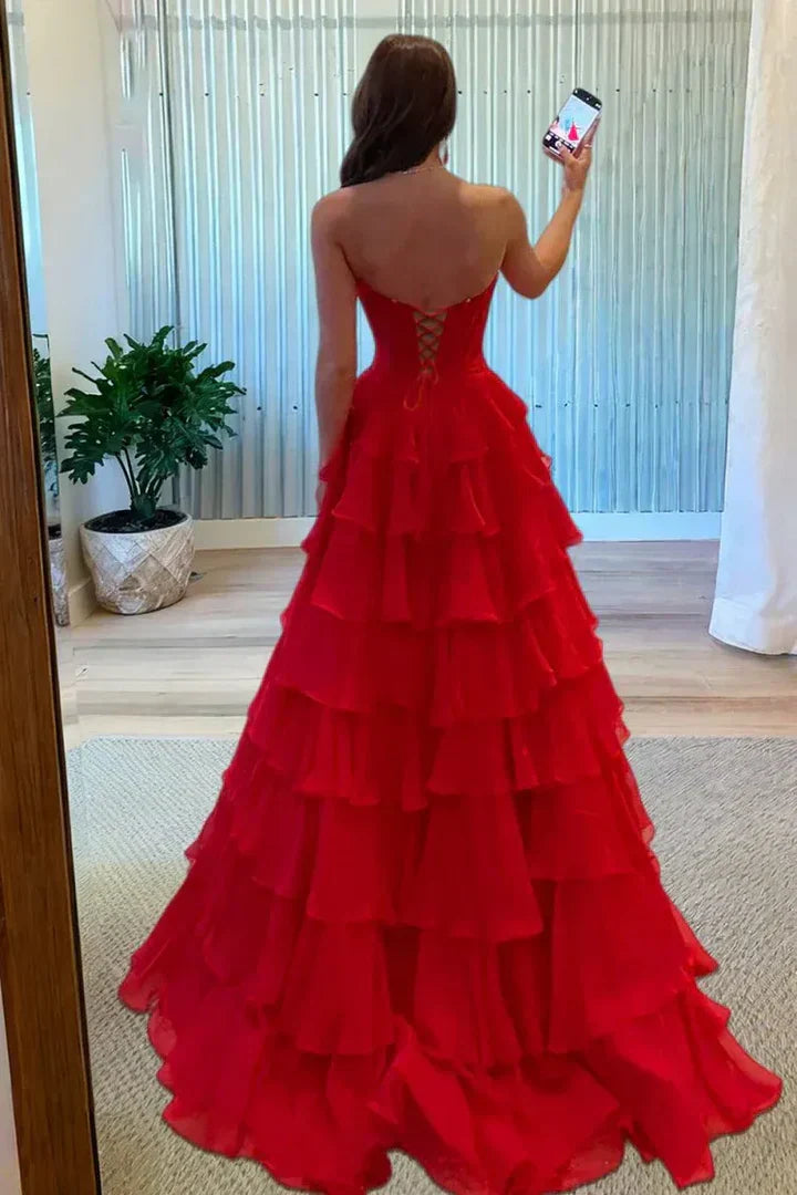 Red Strapless Beaded Tiered Ruffle High Slit Prom Dress