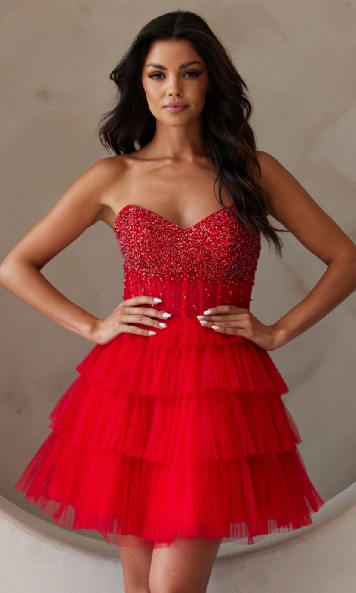 Red Strapless Beaded Tiered Tulle Mini Evening Dresses