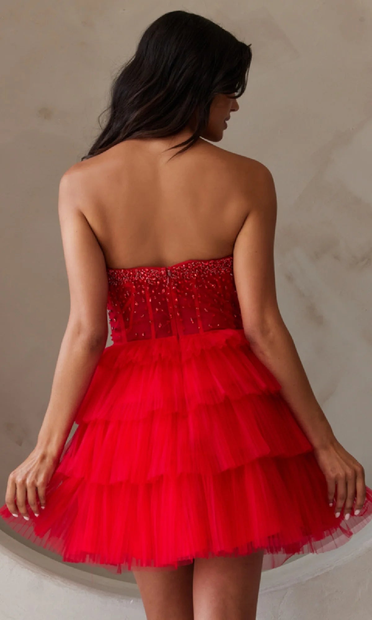 Red Strapless Beaded Tiered Tulle Mini Evening Dresses