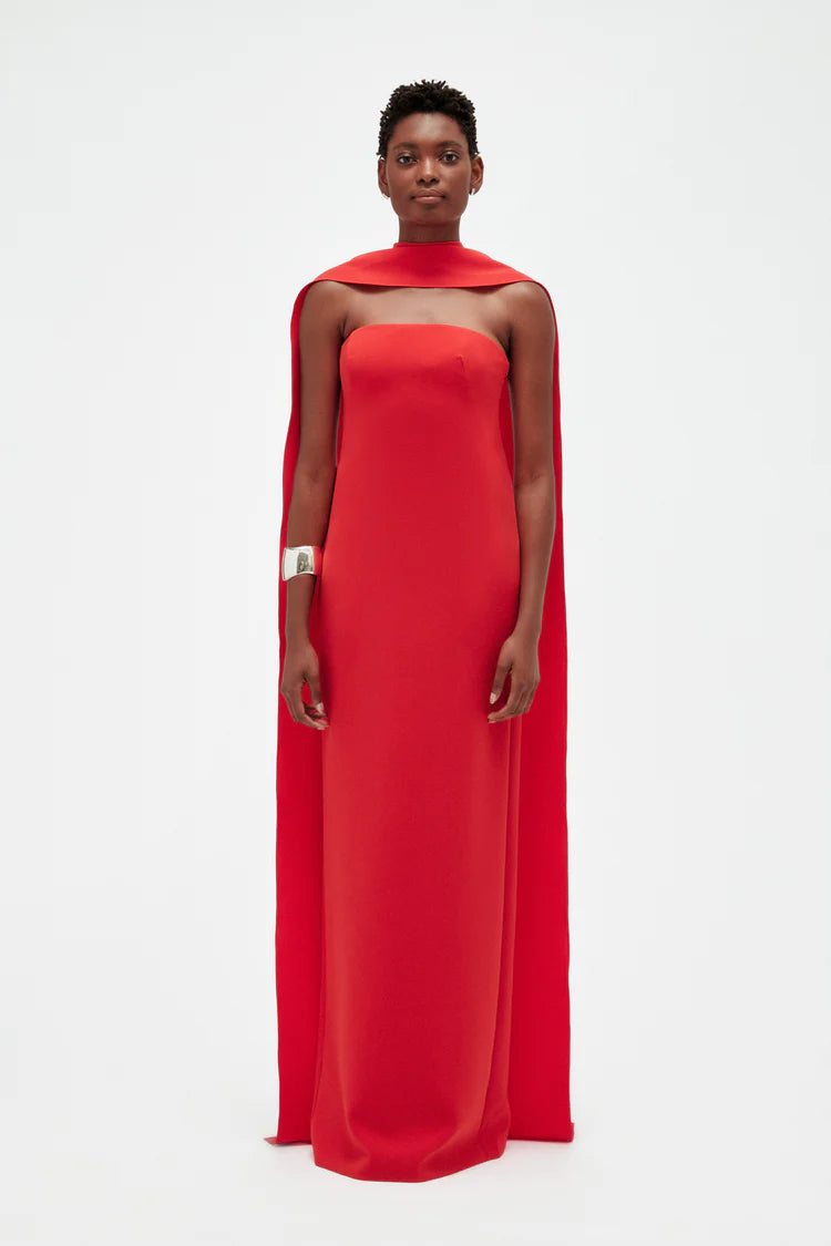 Red Strapless Cape Detail Column Maxi Evening Dresses