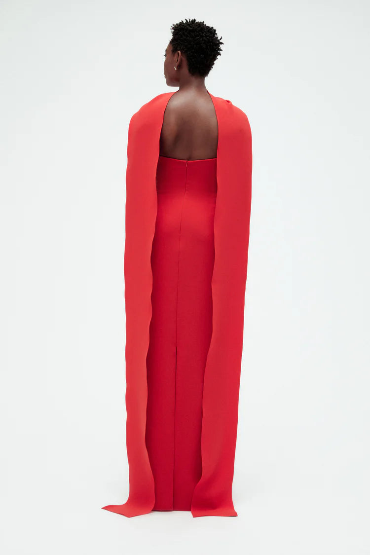 Red Strapless Cape Detail Column Maxi Evening Dresses