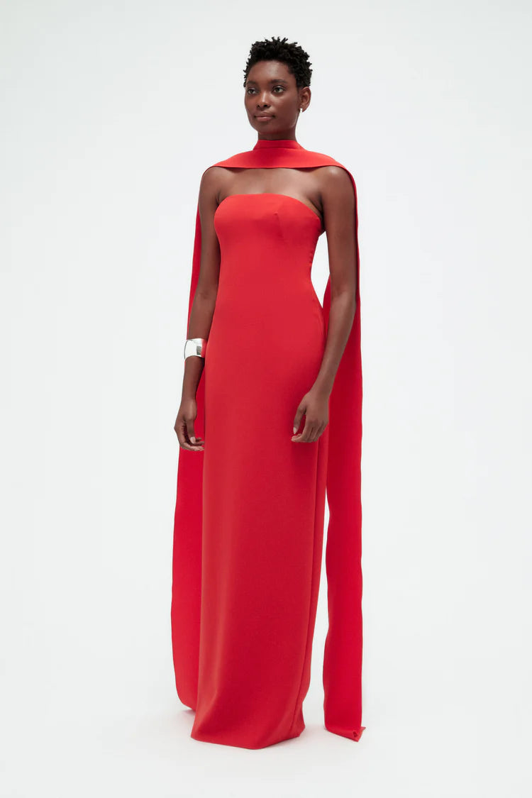 Red Strapless Cape Detail Column Maxi Evening Dresses