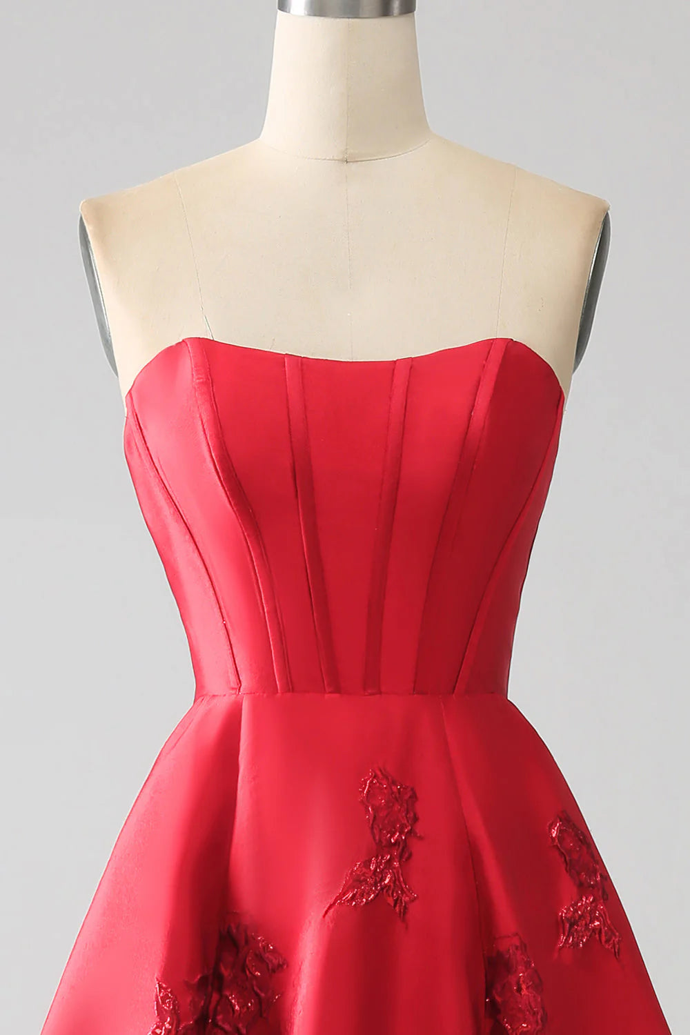Red Strapless Corset Floral Jacquard A-Line Evening Dresses