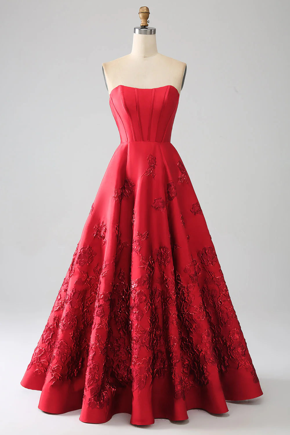 Red Strapless Corset Floral Jacquard A-Line Evening Dresses