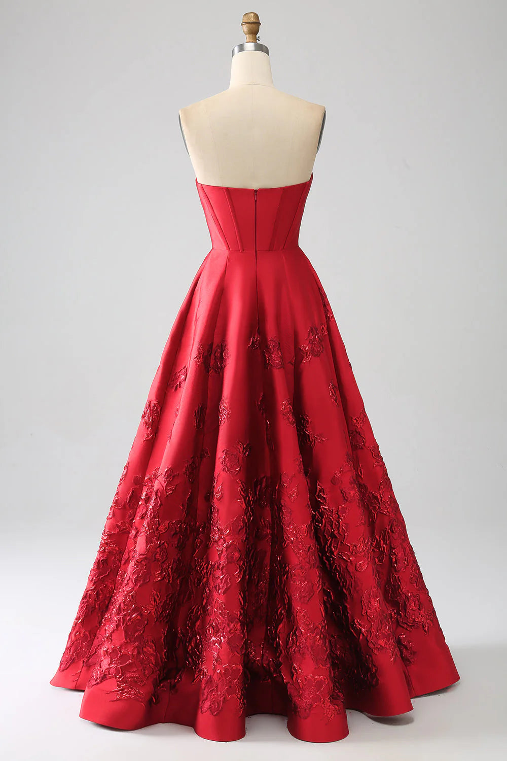 Red Strapless Corset Floral Jacquard A-Line Evening Dresses