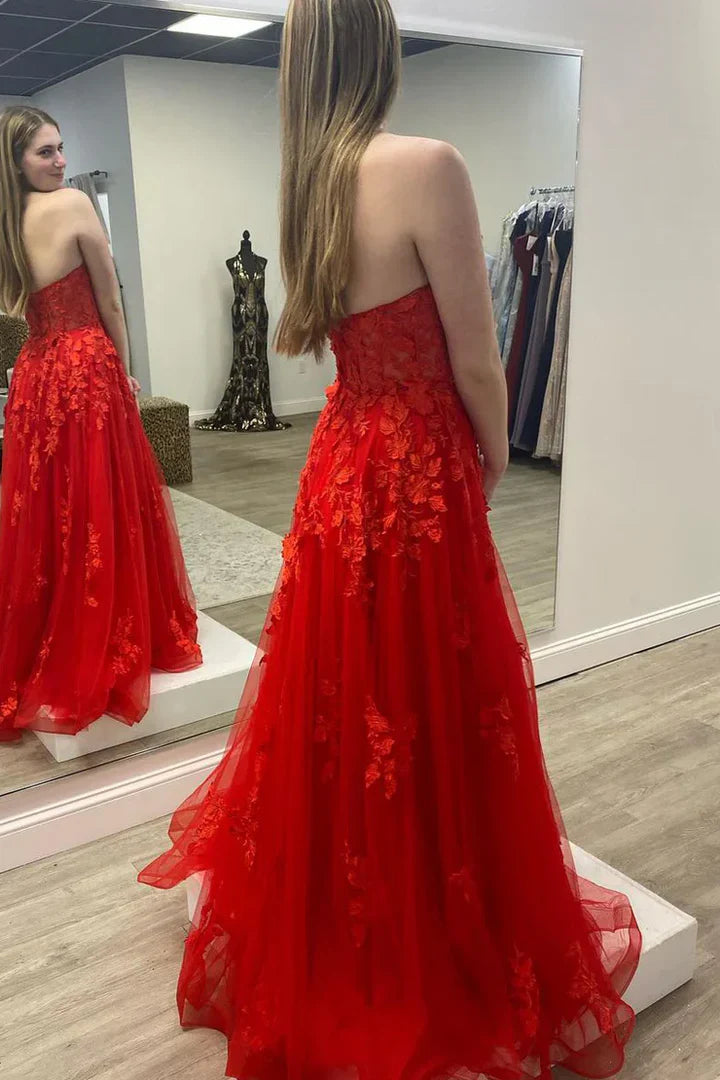 Red Strapless Floral Lace Applique Tulle Prom Dress with Train