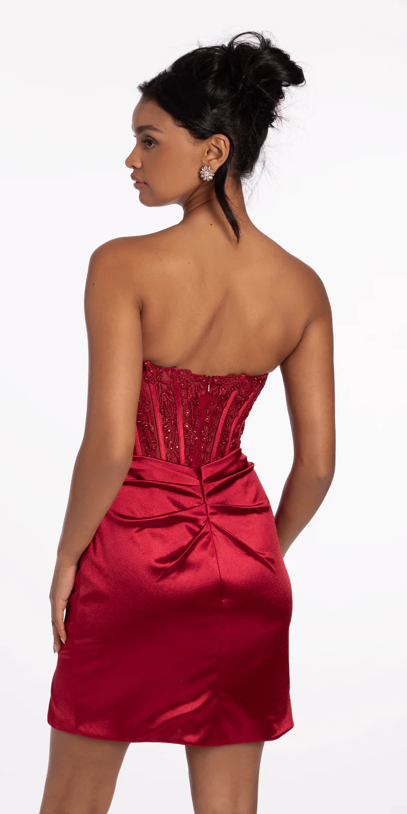 Red Strapless Lace Corset Satin Homecoming Dresses
