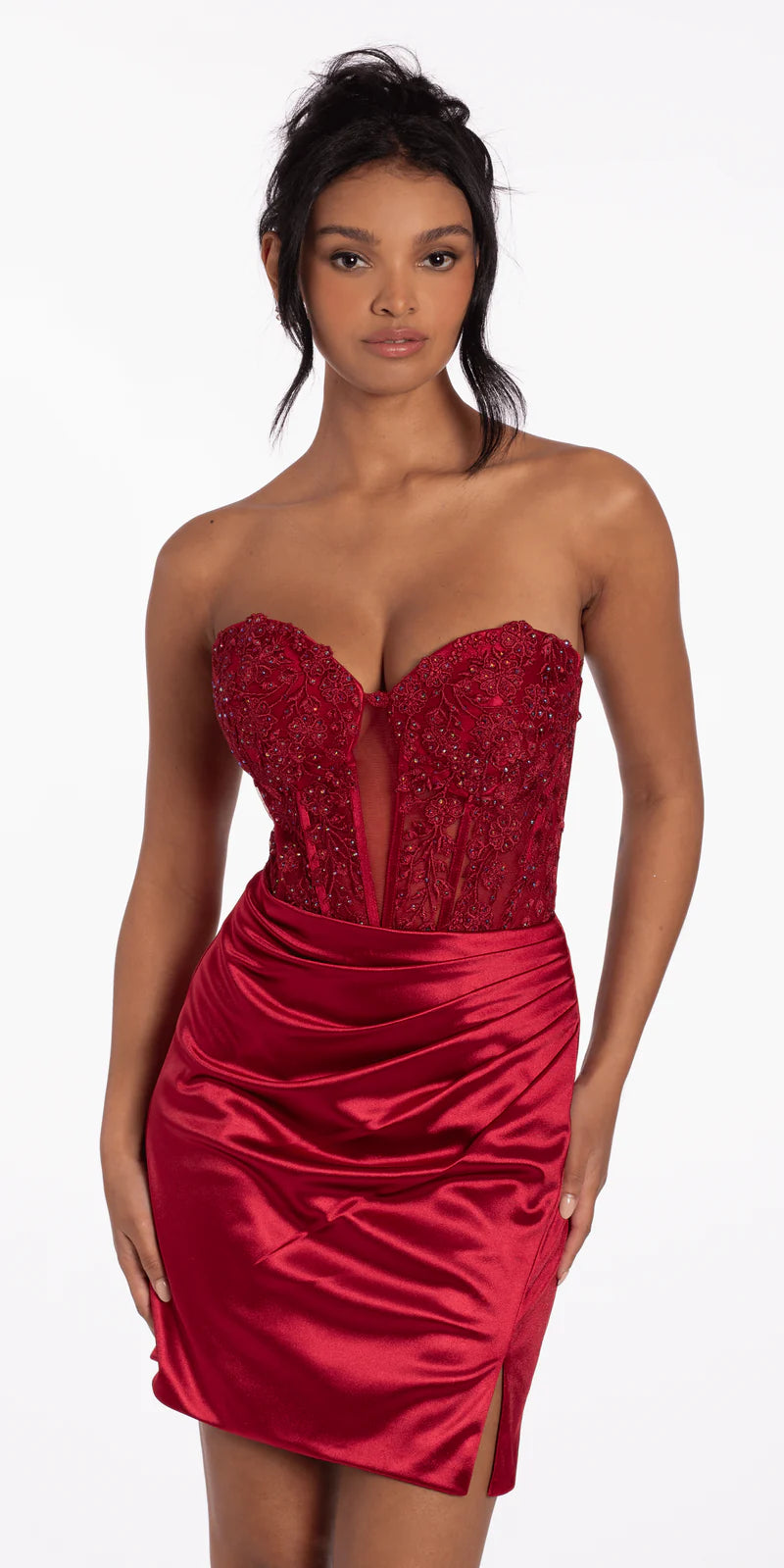 Red Strapless Lace Corset Satin Homecoming Dresses