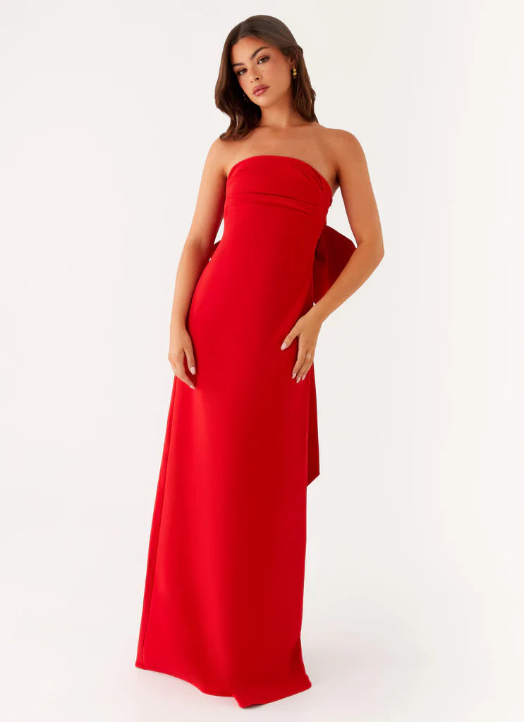 Red Strapless Ruched Back Bow Maxi Prom Dress For Elegant Formal Evening Events