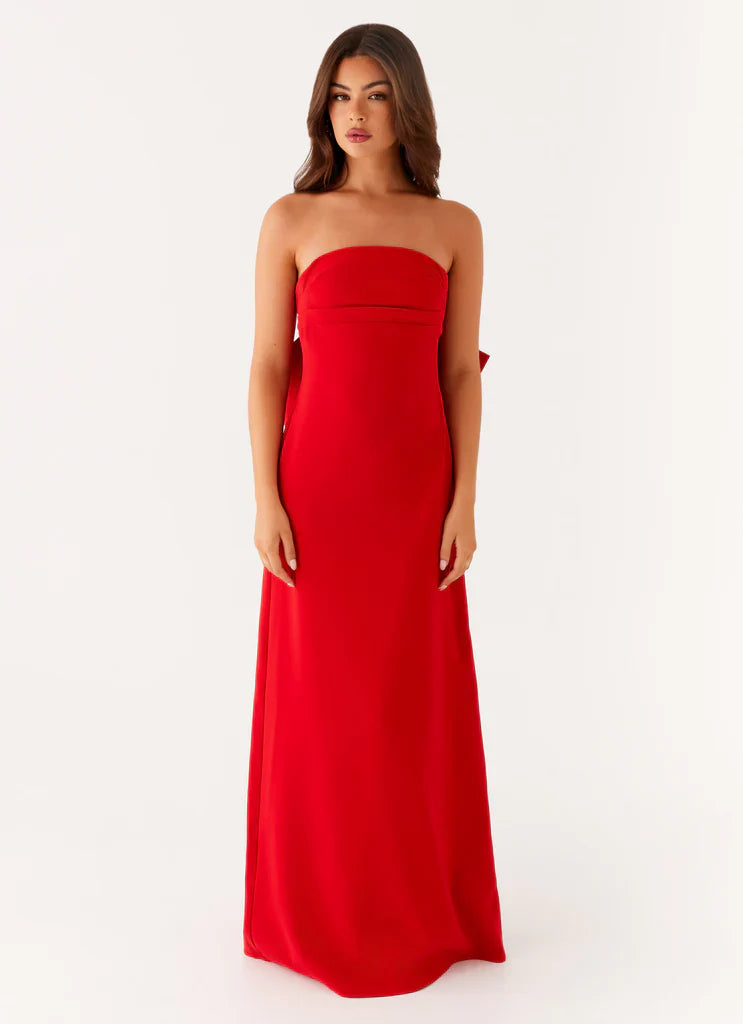 Red Strapless Ruched Back Bow Maxi Prom Dress For Elegant Formal Evening Events