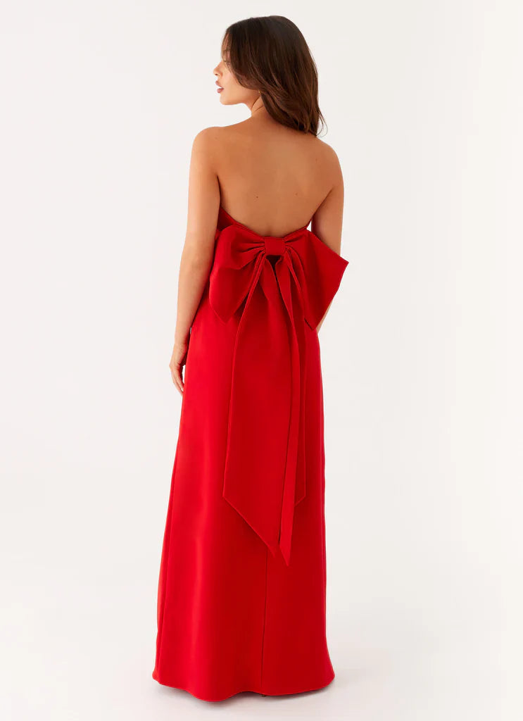Red Strapless Ruched Back Bow Maxi Prom Dress For Elegant Formal Evening Events