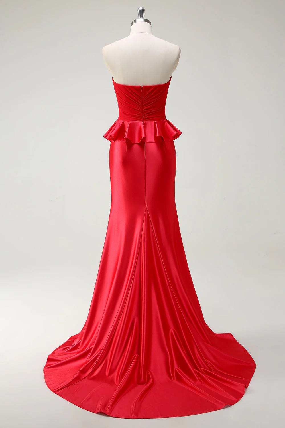 Red Strapless Ruffle Peplum High Slit Satin Mermaid Maxi Evening Dresses