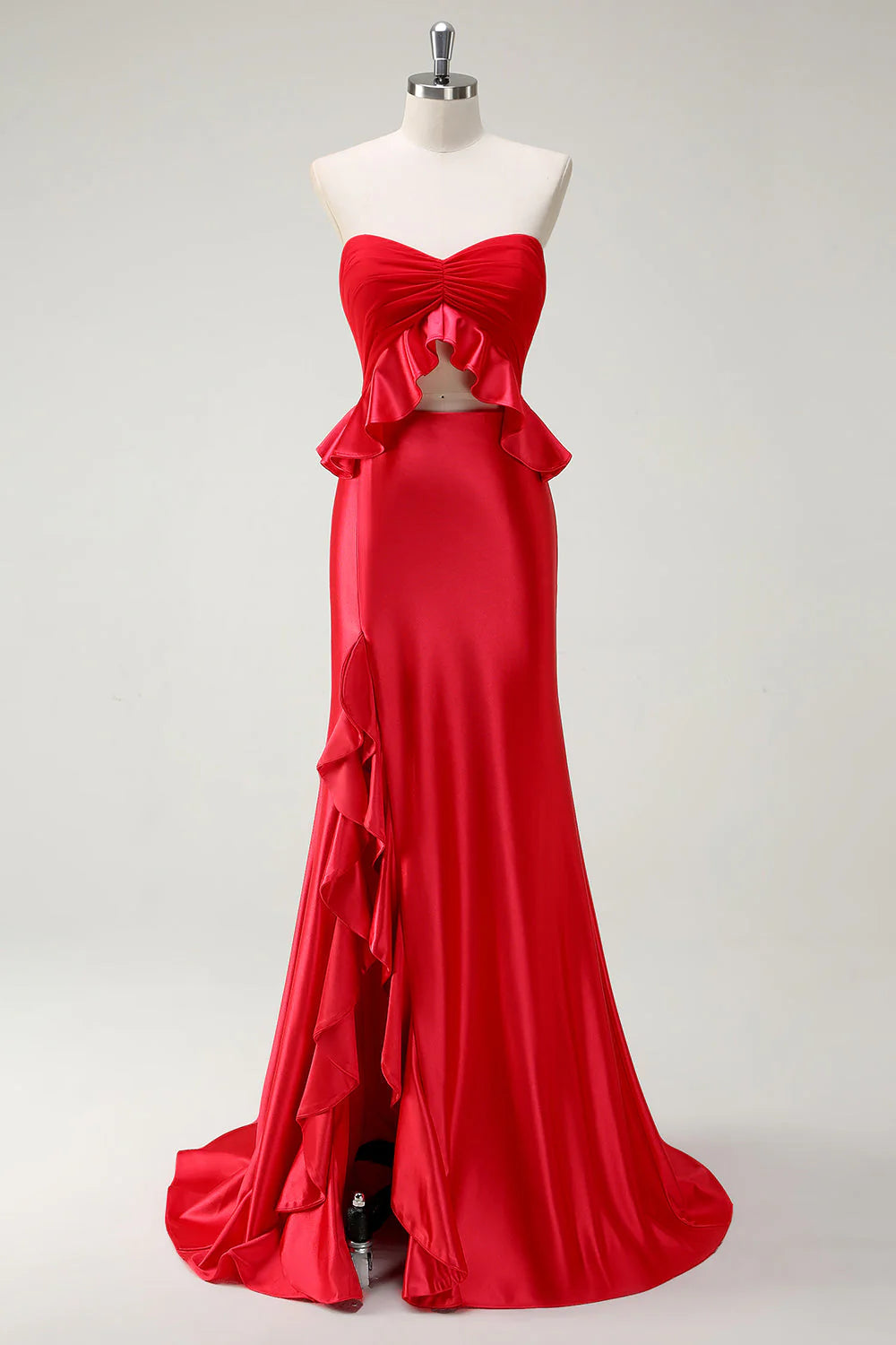Red Strapless Ruffle Peplum High Slit Satin Mermaid Maxi Evening Dresses