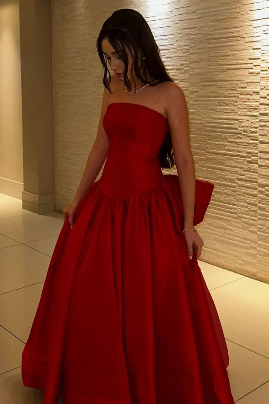 Red Strapless Satin Ball Gown Prom Dress with Oversized Bow and Train
