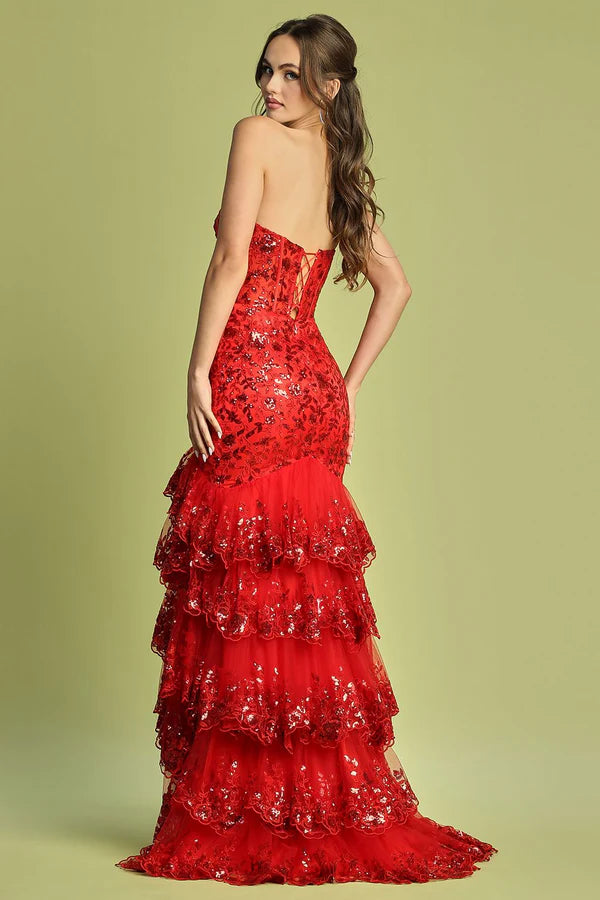 Red Strapless Sequin Tiered Mermaid Evening Dress